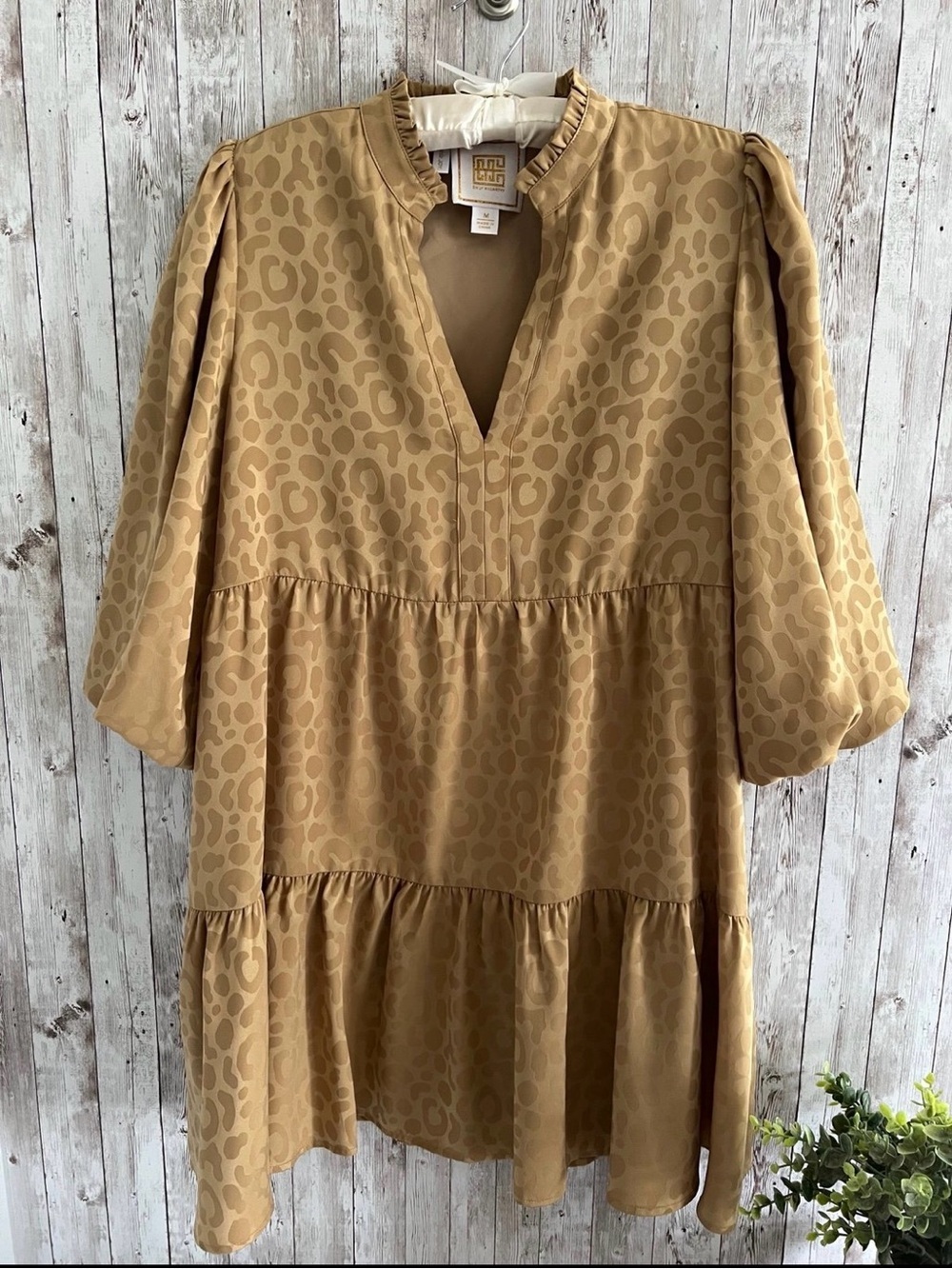 Emily McCarthy Frankie Animal Print Jacquard Puff Sleeve Tiered Dress Medium